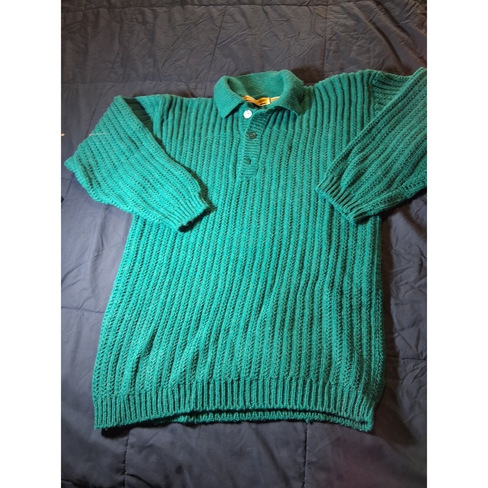 Vintage Laura Peterson Chunky‎ Cable Knit Sweater Collared Green Wool Mix Medium